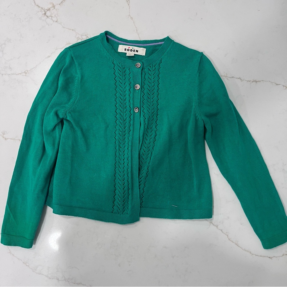 Mini Boden Pointelle Knit Cardigan Emerald Green | Girls 6–7